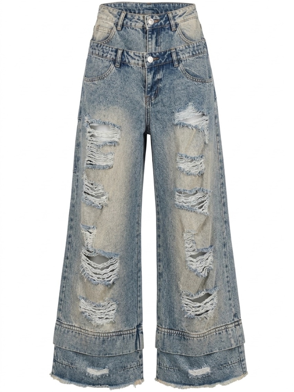 Distressed High-Waist Wide-Leg Jeans in Light Blue